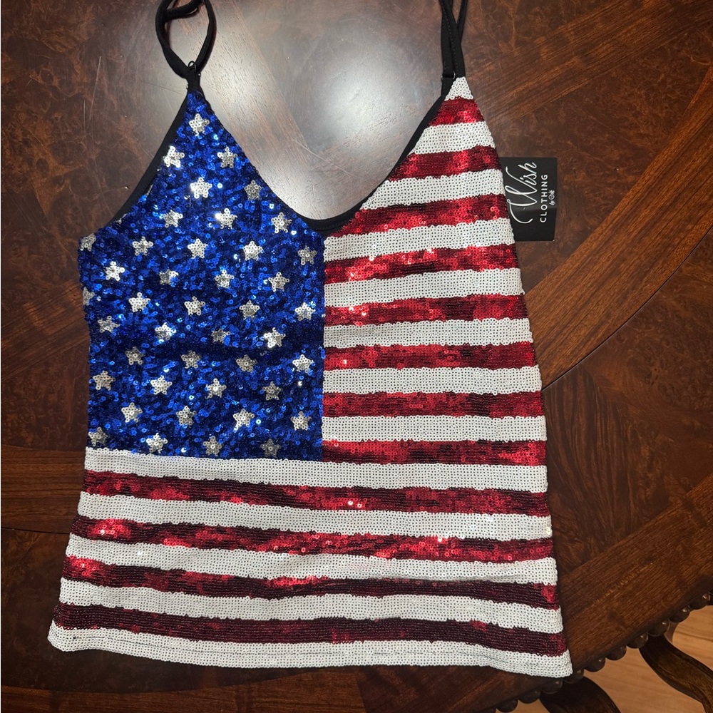 Blue and White Sequined Sleeveless Tank Top